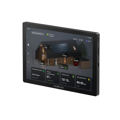 Smart home energy management system display with house illustration and data on a white background