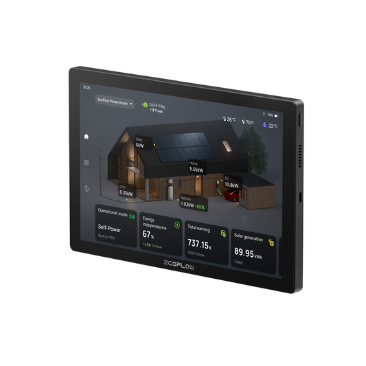 Smart home energy management system display with house illustration and data on a white background